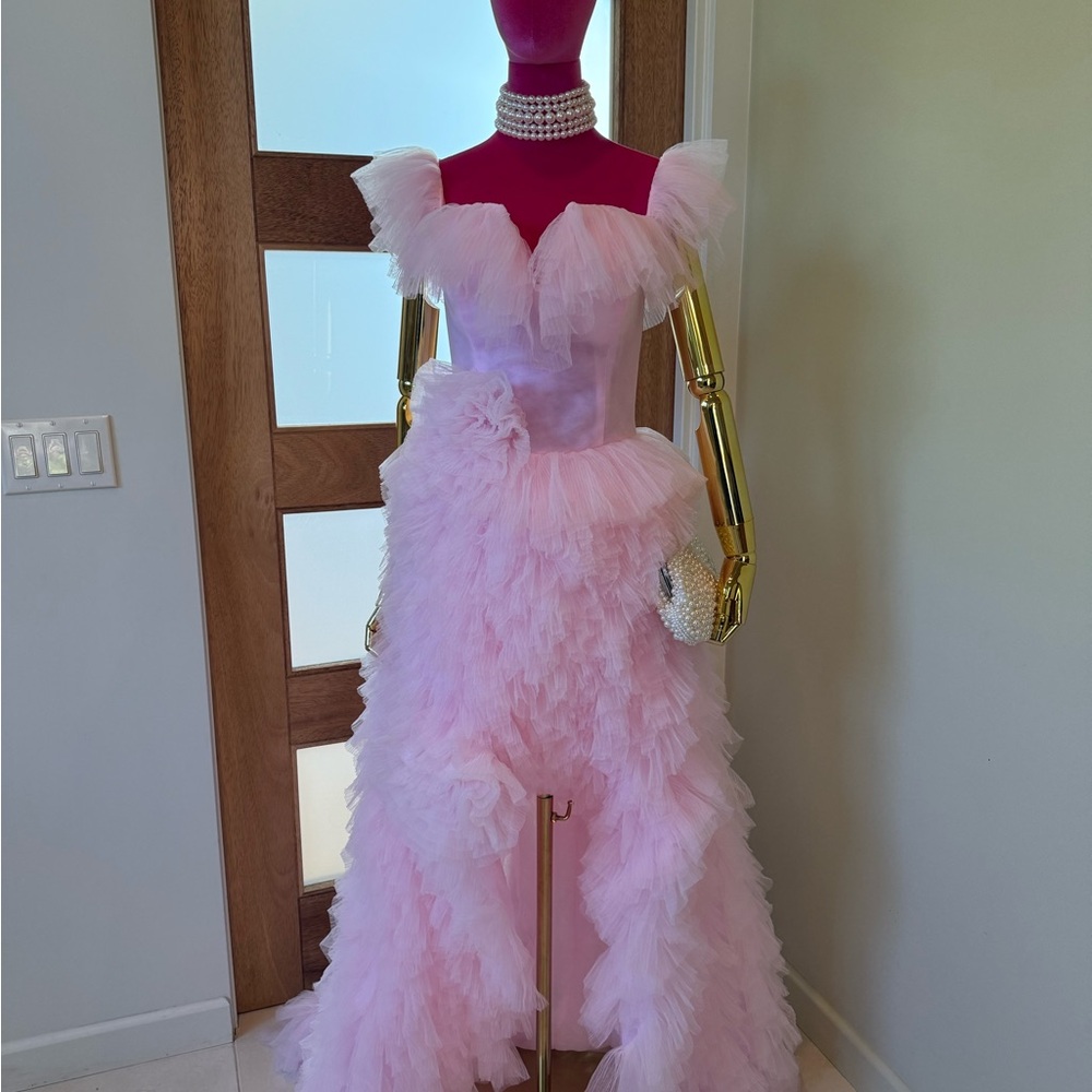 Pink Ruffled Off the Shoulder Prom
Dress with High Slit!  💗 - Picture 5 of 16